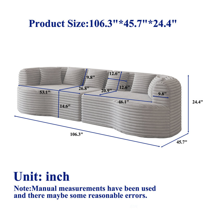Curved Sectional Sofa, 106.3-Inch Oversized Modern Bone-Free Cloud Sofa With 6 Pillows, Luxury Corduroy Four-Seater Memory Foam Sofa, Deep Seat Design, Grey