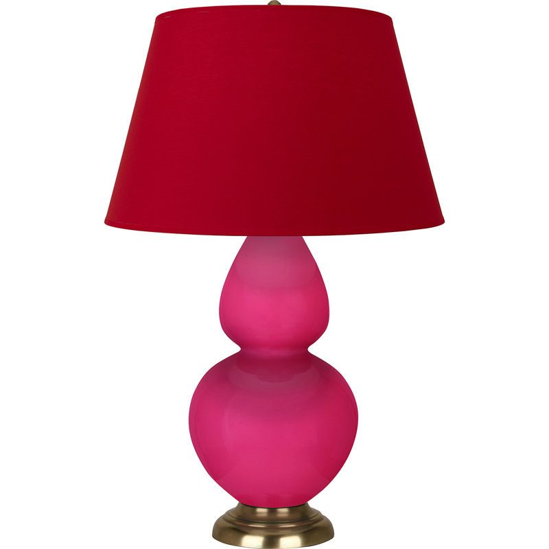Lampe de table double gourde en céramique, Rose Razzle glacé / laiton, Blanc cassé, Laiton