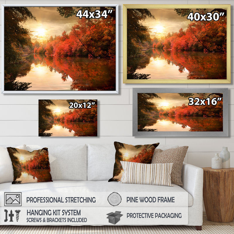 Paysage, coucher de soleil sur une rivière, photographie sur toile, H 12 po x l 20 po, Argent argent, Cadre flottant