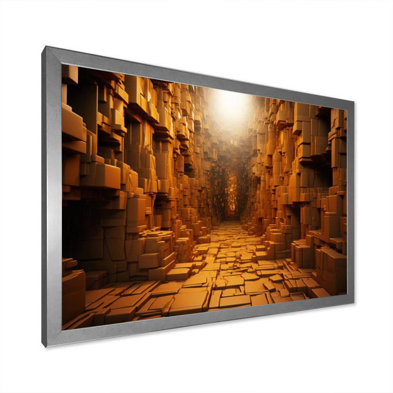 Tunnel géométrique jaune I sur toile, H 16 po x l 32 po x P 1 po, Cadre simple argenté