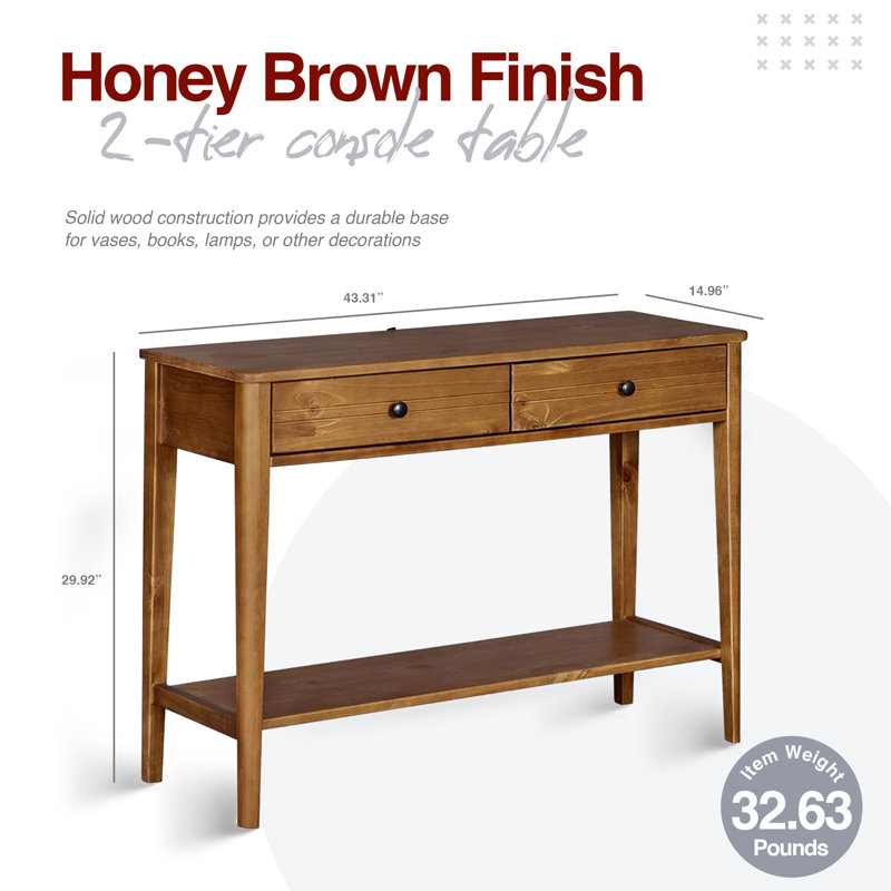 Honey Brown Mid Century Pine Wood Console Table with Storage