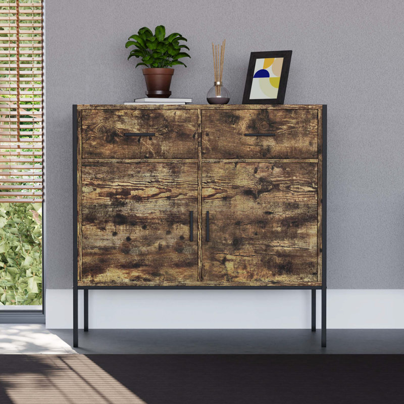 Sylvie 2 Drawer, 2 Door Industrial Rustic Sideboard Cabinet For Living & Dining Room, Dark Wood
