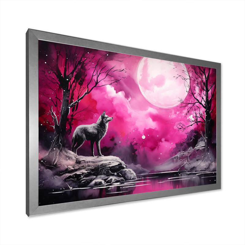 Clair de lune, loup, merveille - impression, Cadre simple argenté, H 34 po x l 44 po x P 1,5 po