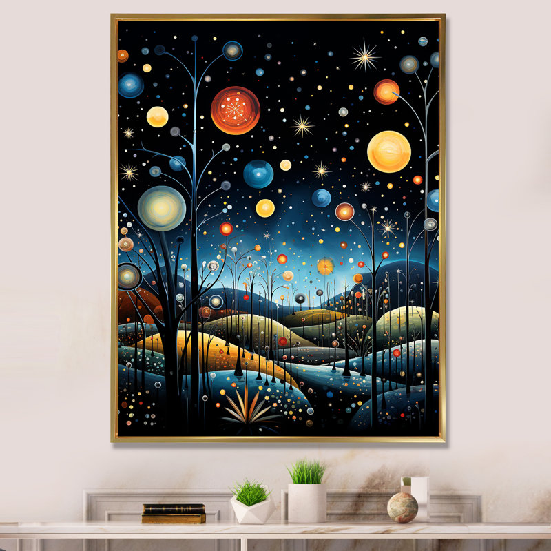 Cosmic Planets Dreams Landscape II - Fantasy, art mural, Gold Picture Framed, H 20 po x l 12 po
