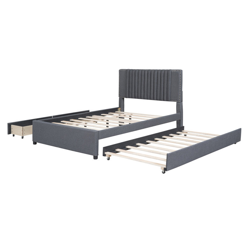 Lit plateforme tapissier avec 2 tiroirs et 1 lit gigogne simple, tête de lit classique pour les chambres élégantes et peu encombrantes