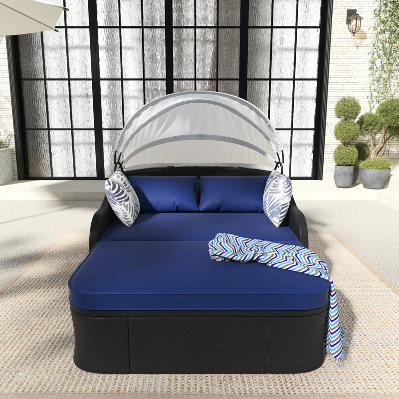 79.9" Outdoor Sunbed With Adjustable Canopy, Daybed With Pillows, Blue, Black