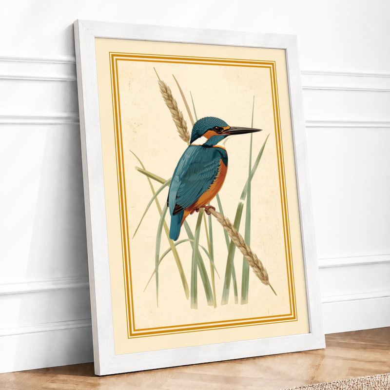 Kingfisher Among Reeds Botanical - Framed Print, A3 - 42.0 x 29.7 cm, White