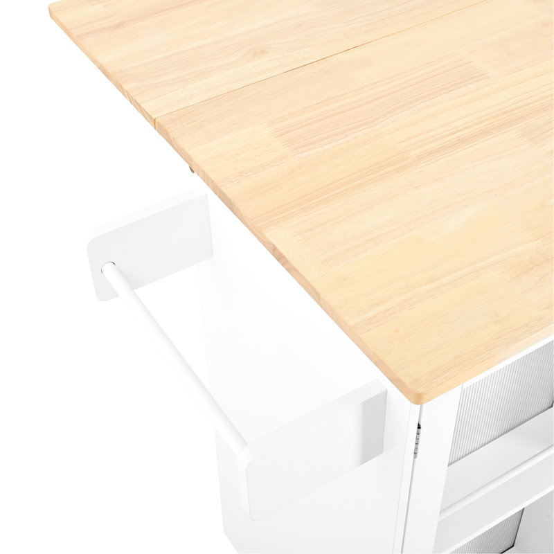 Chariot de cuisine roulant avec dessus d'établi à abattant, 2 tiroirs, unité de rangement de porte, porte-serviettes, tablette à épices, blanc, bois d'hévéa, 34,77 po de hauteur, îlot 102,33 lb, espace, cintre, couleur blanche,