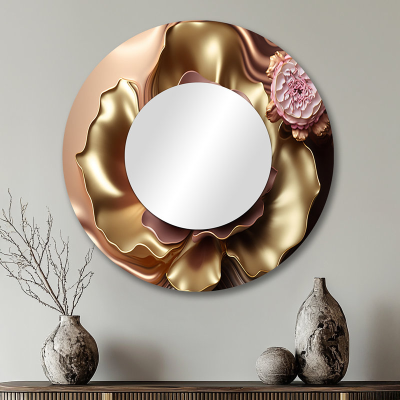 Retro Vintage Abstract Pink And Gold Flowers I - Floral Decorative Wall Mirror, Pink Round Mirror, Printed Metal Art