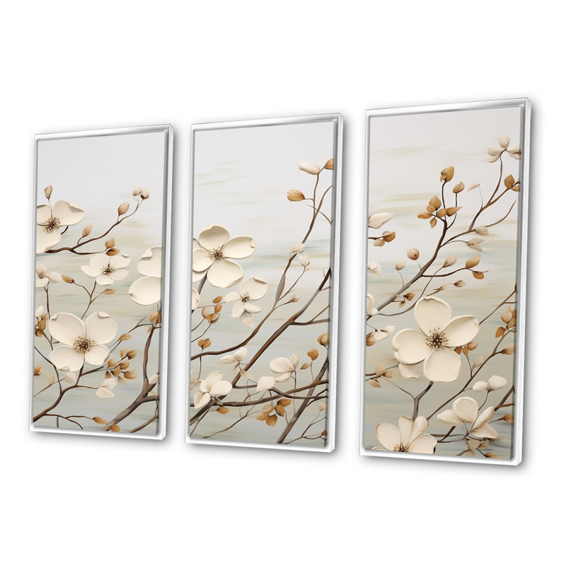 «White Dogwood Blossom Harmony II», ensemble d'art sur toile de cornouiller, Cadre flottant blanc, H 28 po x l 36 po x P 1 po