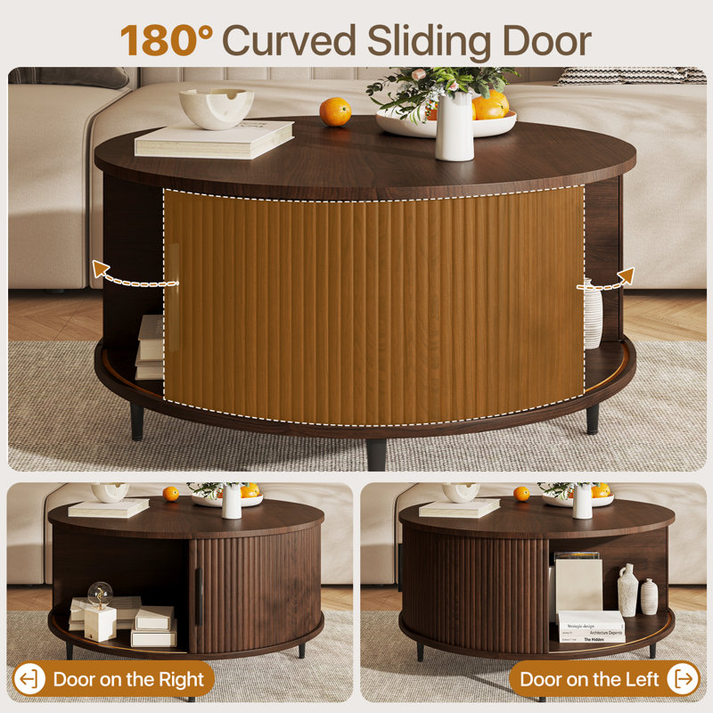 31.5" Modern Round Coffee Table With Hidden Storage: Flip-top Lid & Sliding Doors, Brown, Brown