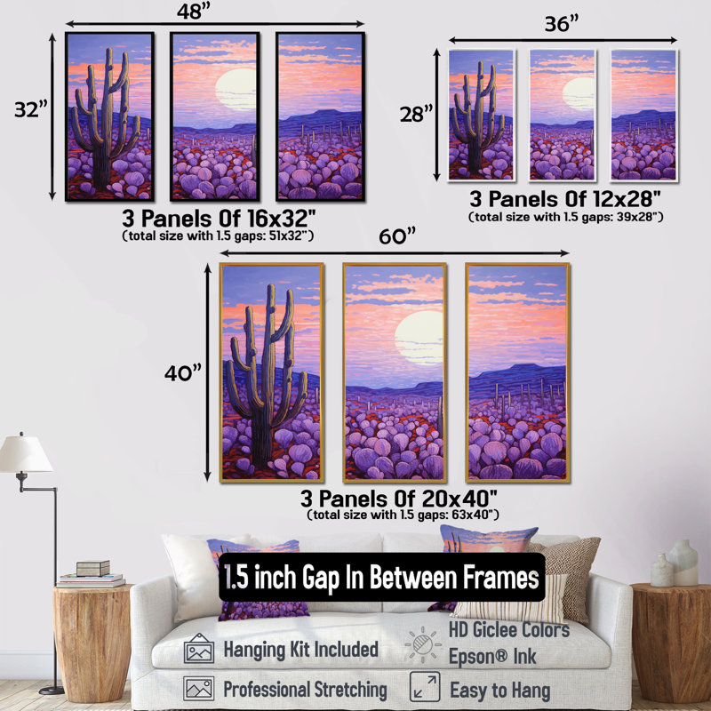 Cactus lavande paysage - ensemble d'art mural sur toile cactus floral, Cadre flottant blanc, H 40 po x l 60 po x P 1 po