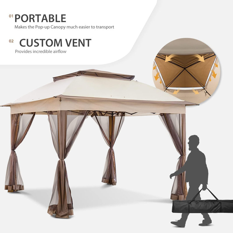 11x11 Pop Up Instant Gazebo Tent with Mosquito Netting Outdoor Canopy Shelter with 121 Square Feet of Shade (Beige)