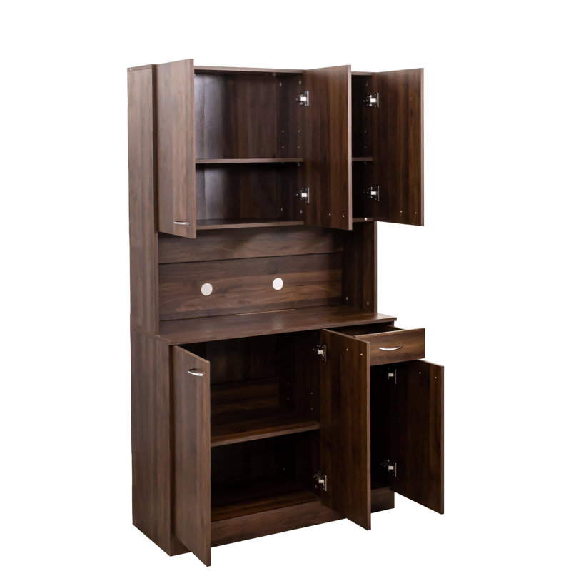 Armoire de cuisine et garde-robe en noyer de 72,01 po de hauteur, 6 portes, 1 tablette ouverte, matériau de tiroir, finition d'armoire attrayante, espace de rangement spacieux, couleur de chambre à coucher, facile à nettoyer, grand