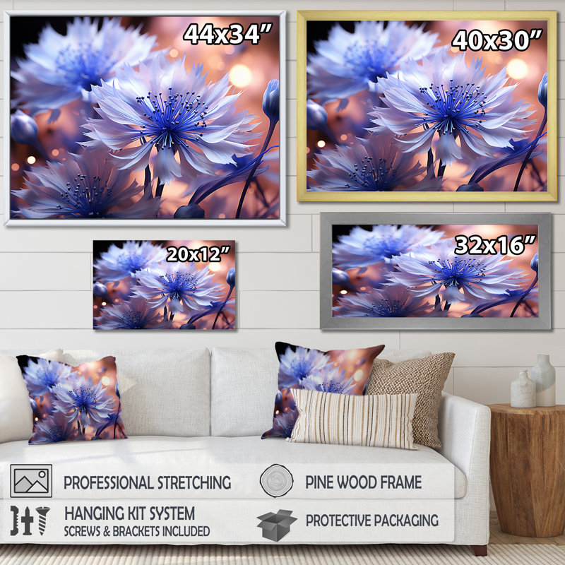 «Dreamy Mauve Cornflowers Impression II», impressions sur toile, H 24 po x l 32 po x P 1 po, Cadre flottant doré