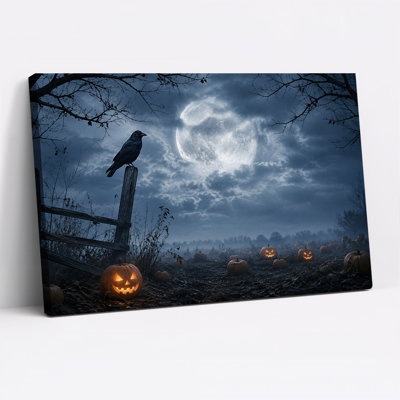 Glowing Jack O Lanterns Under Full Moon With Crow Halloween Canvas Wall Art