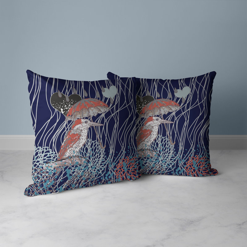 Coussin décoratif réversible Bird / Umbrella, H 26 po x l 26 po, Bleu / cuivre