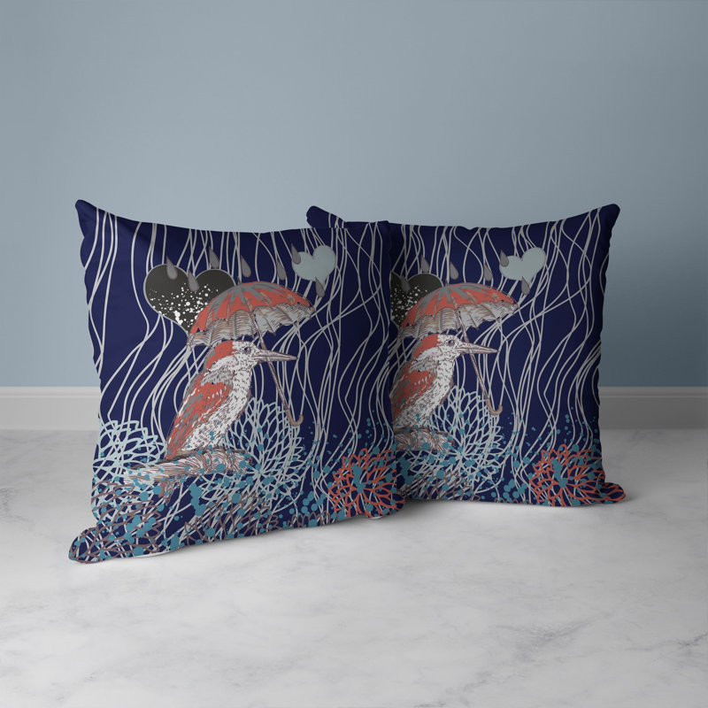 Coussin décoratif réversible oiseau avec parasol, H 16 po x l 16 po, Bleu / cuivre