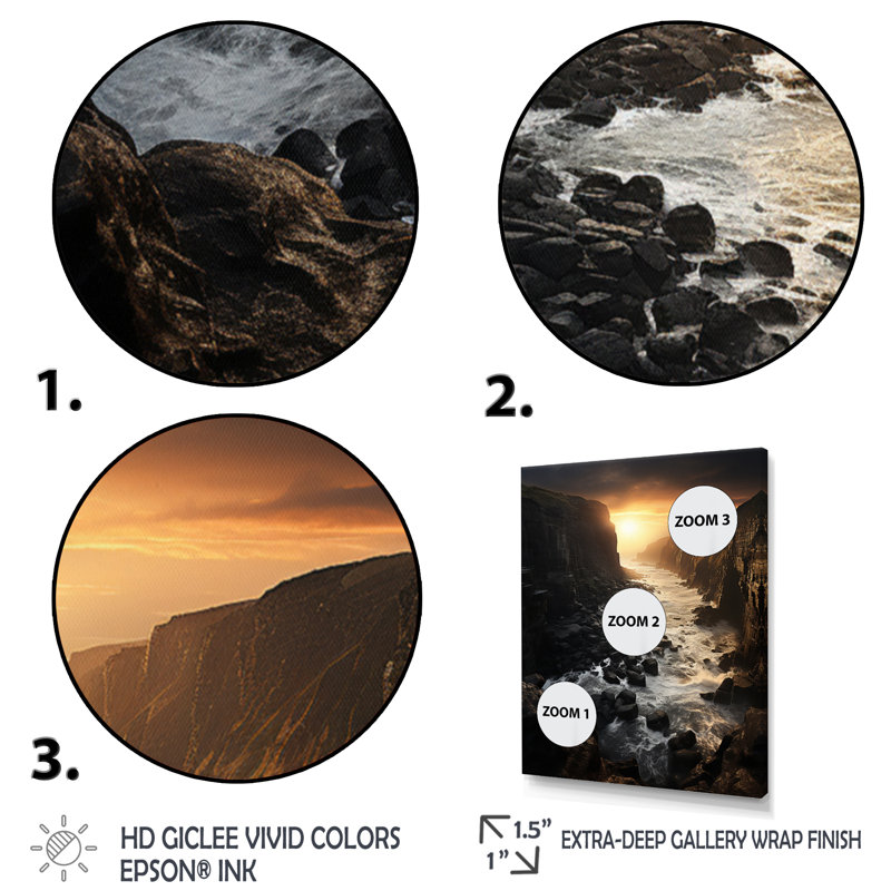 Coastal Sunset At The Clif I - Reproduction d'art mural paysage et nature, H 40 po x l 30 po x P 1,5 po, Cadre photo noir
