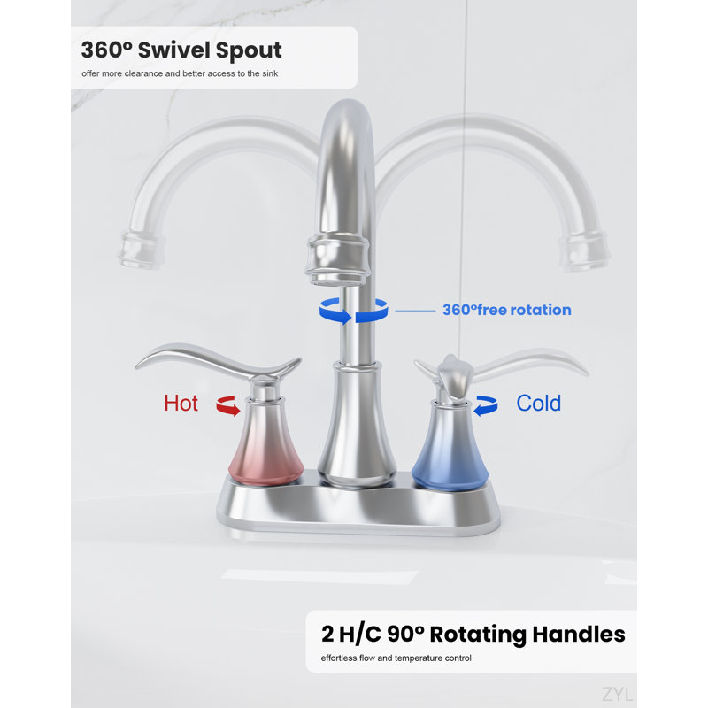 Bathroom Faucet With Pop-Up Drain & Supply Hoses 2-Handle 360 Degree High Arc Swivel Spout Centerset 4 Inch Vanity Sink Faucet