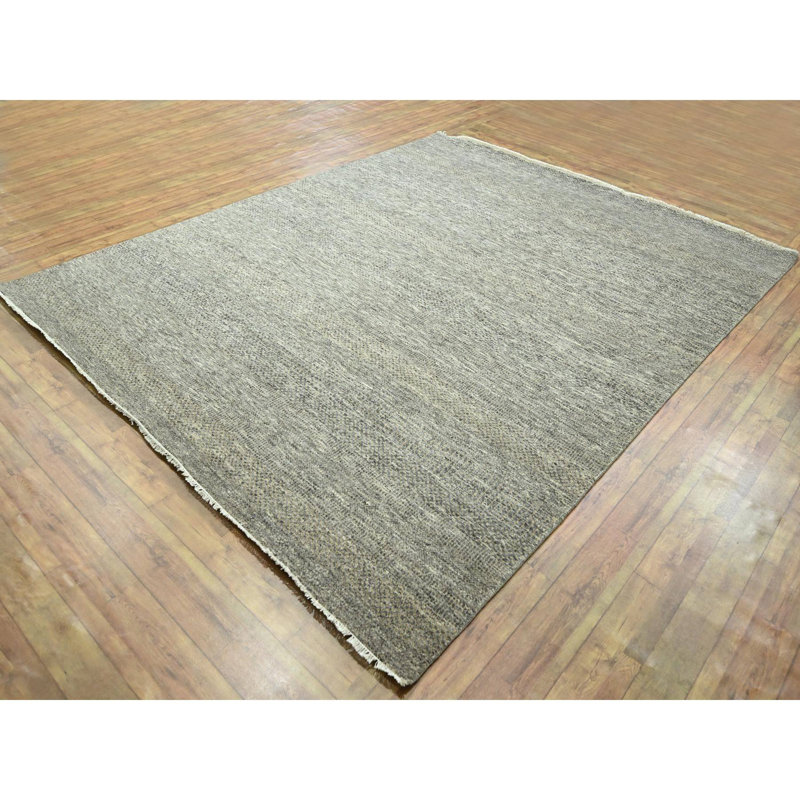 Tapis gris 8 pi x 10 pi, style gazon moderne, laine et soie, noué à la main, sans bordure, tissé plus dense, ton sur ton, luxuriant et moelleux, tapis oriental
