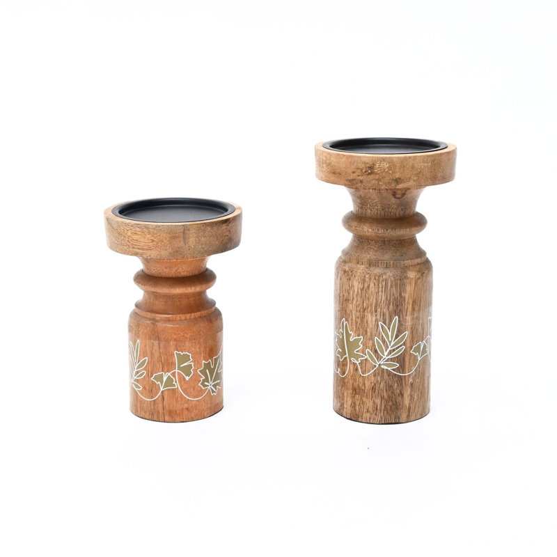 Wooden Pillar Candle Holder Set of 2 |  Mango Wood Candle Stands with Iron Plate | Rustic Farmhouse Decorative Candle Holders for Dining Table | Living Room & Home Décor | 4x8x4"