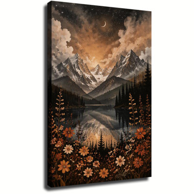 Tableau sur toile, Lac de montagne enneigé sous un ciel étoilé, Reflets de fleurs sauvages d'automne sur la montagne, Impression sur toile encadrée représentant la nature pour la décoration intérieure