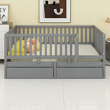 Daybed With Fence Guardrails And 2 Drawers, Split Into Independent Floor Bed & Daybed