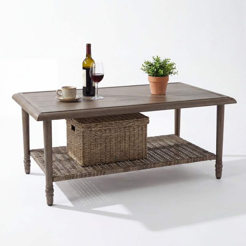 42 Inch Rectangular  Outdoor Coffee Table with Large Wicker Storage Shelf– Patio, Garden, Backyard Furniture