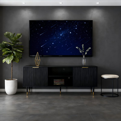 Modern Industrial TV Stand Media Console – Wood & Metal Frame, Open Storage & Cable Management