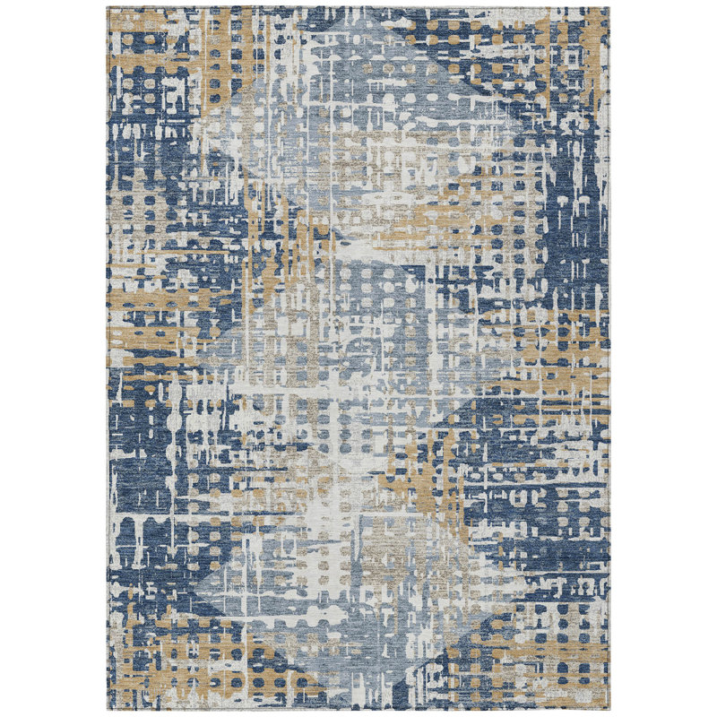 Tapis extérieur lavable géométrique bleu marine et beige 5 pi x 8 pi