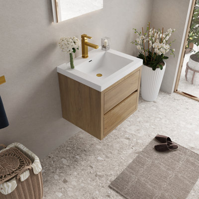 Meuble-lavabo de salle de bain 24 po. Finition en chêne naturel et résine en pierre. Intérieur en forme de U pour une meilleure gestion du rangement. Finition du mécanisme de fermeture en douceur. Vaste espace. Tiroirs. Conception de drain en forme de U améliorée