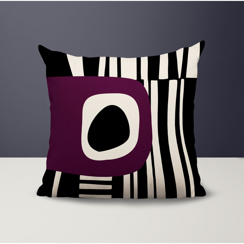 Oreiller carré réversible intérieur / extérieur Jina, H 15 po x l 15 po, Mauve / noir / blanc cassé abstrait
