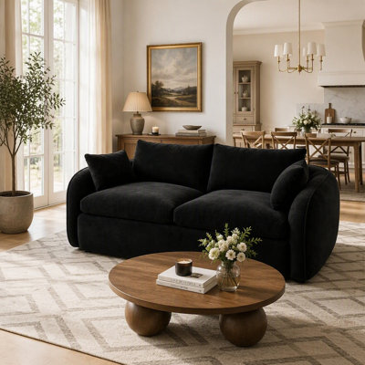 Two-seater Foam Sofa with Plush Black Suede, Oversized Armrests, and High-Density Cushions for Comfort and Style