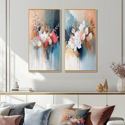 Ensemble de 2 pièces d'art mural blanc doré à motif floral Brushstroke III