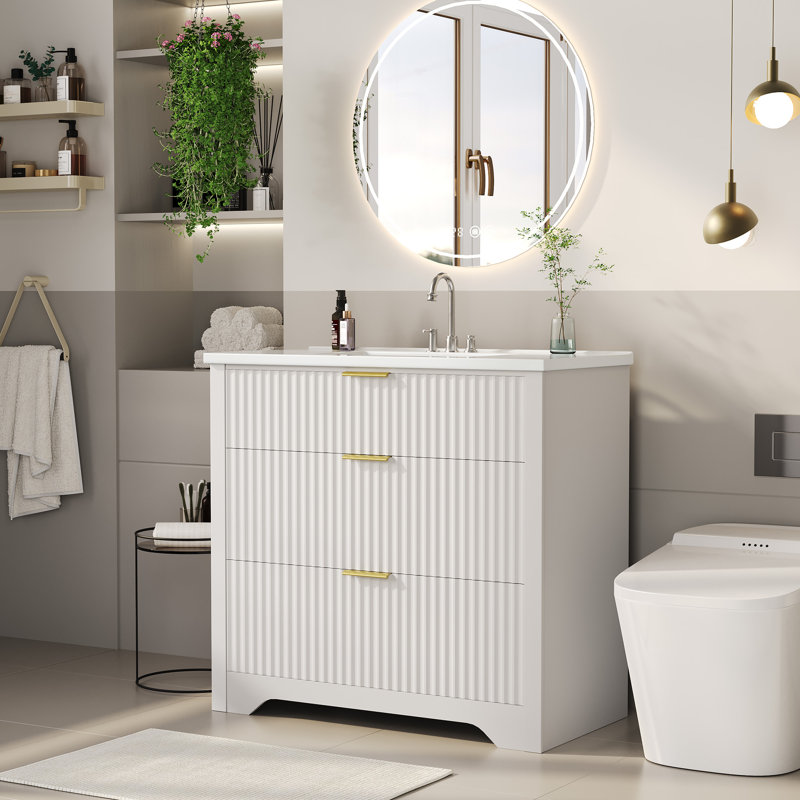 Fluted Bathroom Vanity with Sink, Farmhouse Freestanding Bathroom Sink Cabinet, 36", White