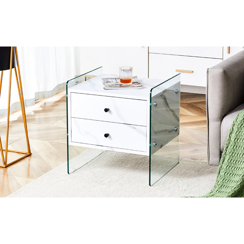 Armoire de chevet double - blanche, composée d'un autocollant et de verre trempé, look simple et élégant avec fonction de rangement, peut être utilisée comme table basse, facile à assembler rapidement