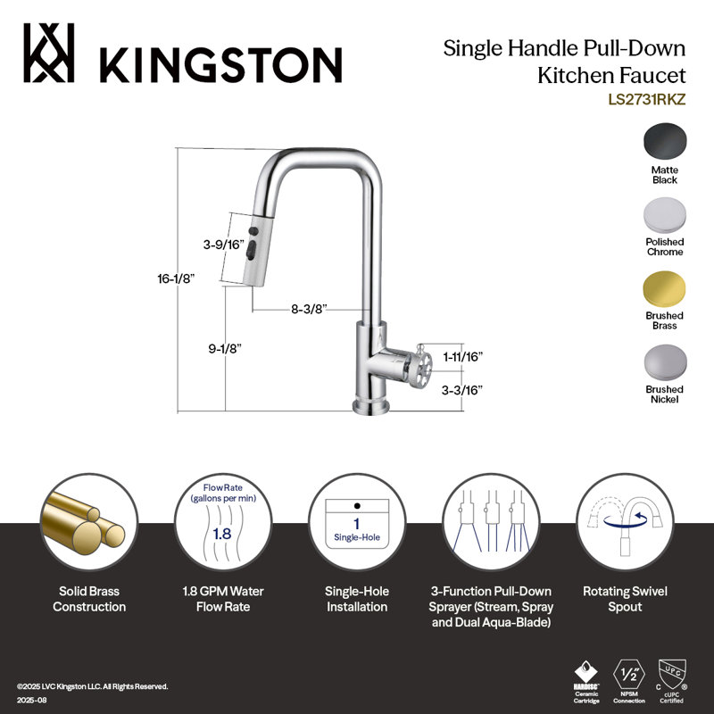 Kingston Brass Wendell Single-Handle Pull-Down Kitchen Faucet, Polished Chrome