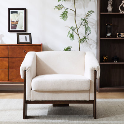 Fauteuil de style Mid-Century moderne de 34 po avec tissu blanc, siège profondément rembourré et fauteuil d'appoint pour chambre à coucher, tissu beige, profond, salon, chambre à coucher, bureau, bois massif