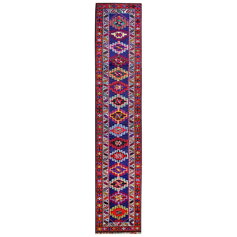 Tapis de couloir unique en coton noué à la main de style années 2000 2 pi 8 po x 13 pi 4 po bleu Herki