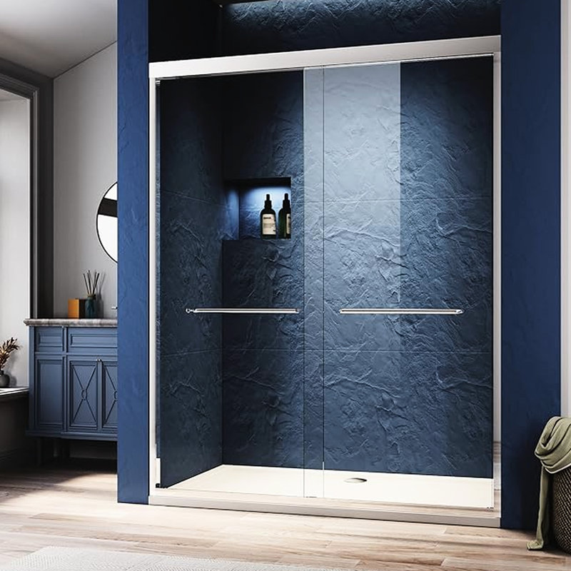 Porte de douche coulissante de 44 à 48 po L réglable, 72 H, semi, verre trempé transparent, poignées en acier inoxydable nickel brossé 304, largeur réglable en verre de conception compacte, salle de bain épaisse améliorée