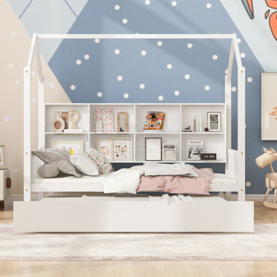 Wooden Twin Size House Bed With Trundle,Kids Bed With Shelf