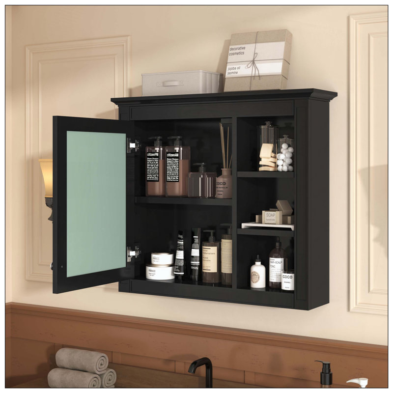 Wall Mounted Medicine Cabinet Mirror 3 Open Bathroom Shelves, Black