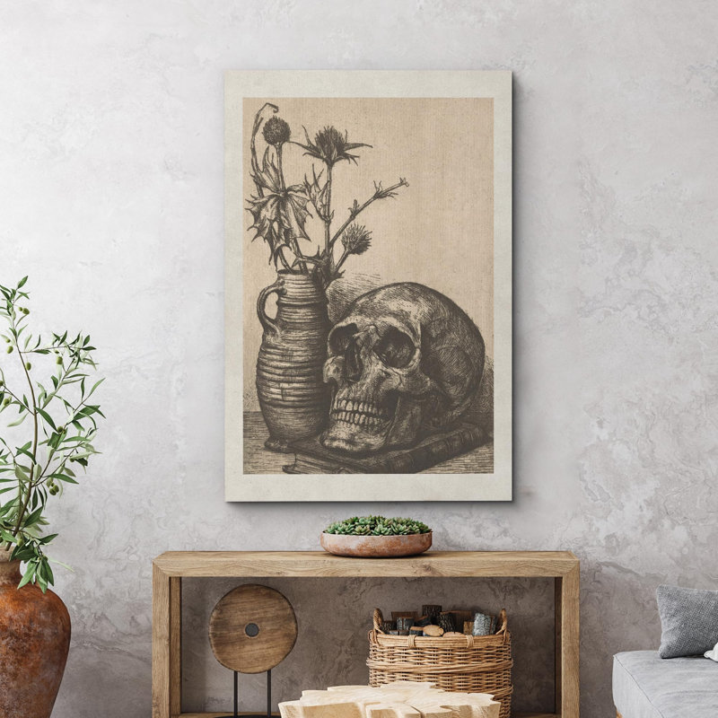Crâne rétro et chardon plante Moody foncé, œuvres d'art moderne, décor, Toile tendue, H 18 po x l 12 po