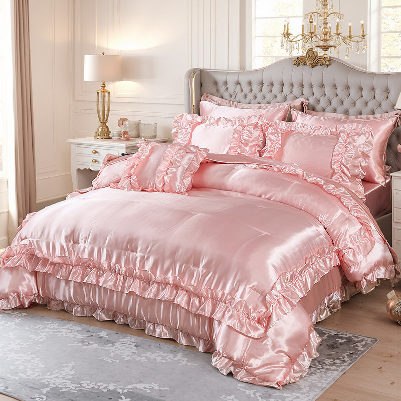 8 Pieces Pink Satin Comforter Set Queen Size Bed in a Bag Silky Comforter with Sheet Set Boho Chic Farmhouse Ruffled Comforter Set Soft and Silky Luxury Satin Bedding Set for All Season