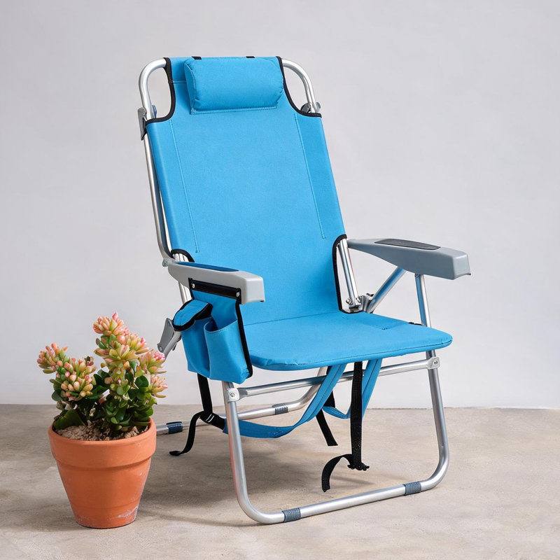 Chaise de plage de camping pour l'extérieur avec siège surélevé, structure en aluminium bleu, tissu en polyester 600D, dossier réglable à 5 positions