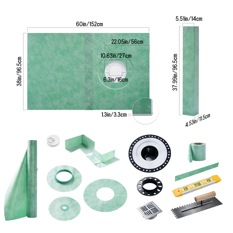 Ensemble de bordure de douche 38 po x 60 po, système de douche complet avec plateau, bordure, membrane imperméable, joints, coins, bride de fixation en ABS, truelle et niveau - drain excentré