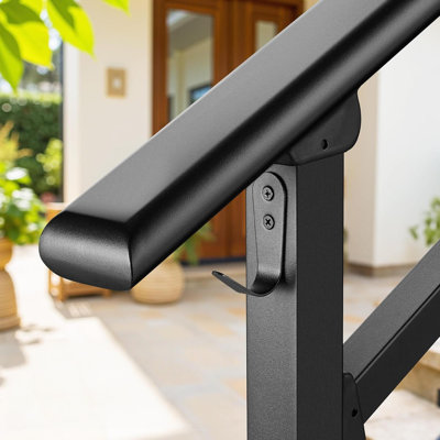Black Wrought Iron Outdoor Handrail With Fence - Flexible 2-3 Step Transitional Railing Kit For Concrete Wooden Stairs
