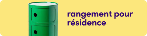 Bannière de catégorie pour le rangement de résidence présentant une unité de rangement modulaire verte avec des poignées circulaires.