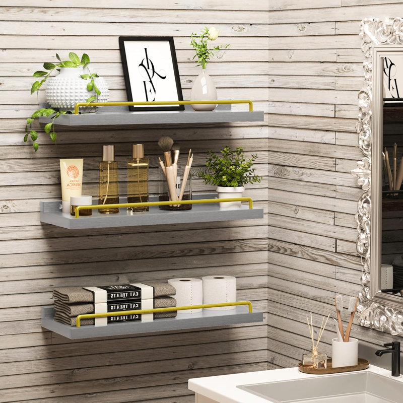 Talissa 3 Piece Wood Floating Shelf, Gold/Gray